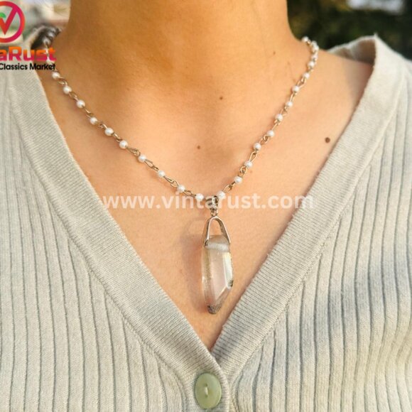 Handmade Clear Quartz Pendant Necklace with Delicate Pearl Chain, Stylish Unisex - Picture 2 of 14
